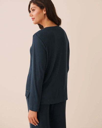 La Vie en Rose Midnight Navy Women Ribbed Knit Long Sleeve Henley Shirt SKU: 50100137_40008 Image 02