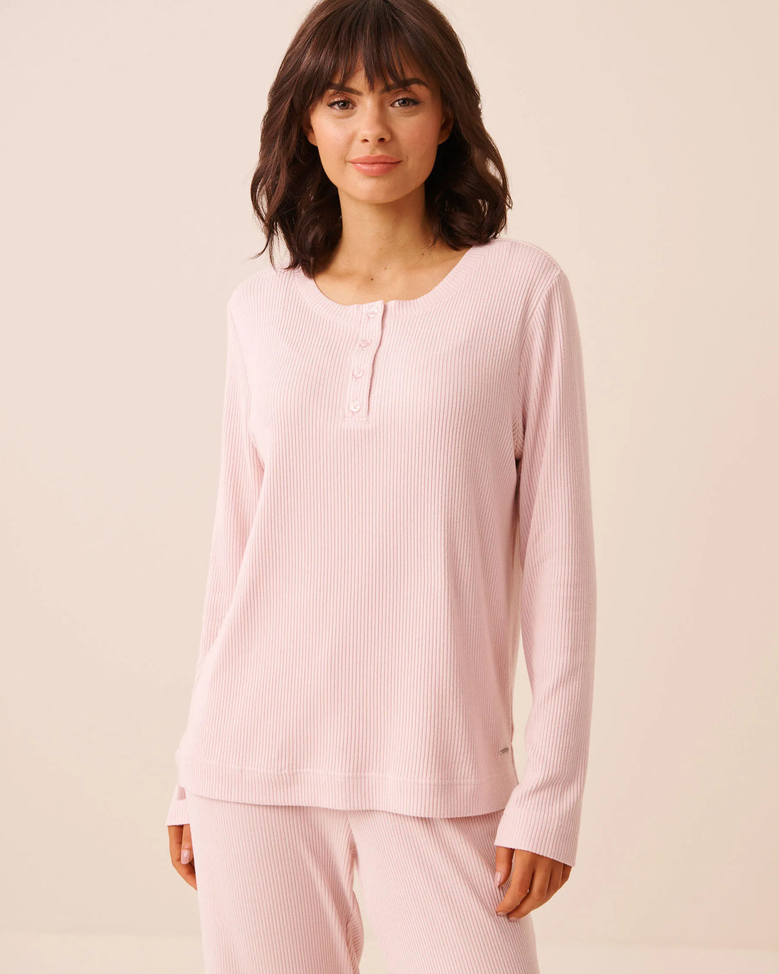 La Vie en Rose Chalk Pink Women Ribbed Knit Long Sleeve Henley Shirt SKU: 50100137_60042 Image 01