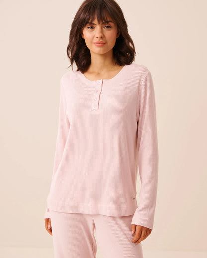 La Vie en Rose Chalk Pink Women Ribbed Knit Long Sleeve Henley Shirt SKU: 50100137_60042 Image 01