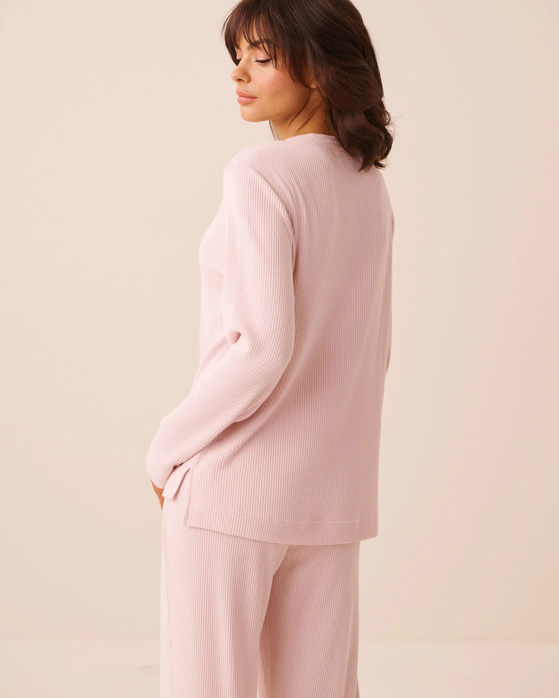 La Vie en Rose Chalk Pink Women Ribbed Knit Long Sleeve Henley Shirt SKU: 50100137_60042 Image 02