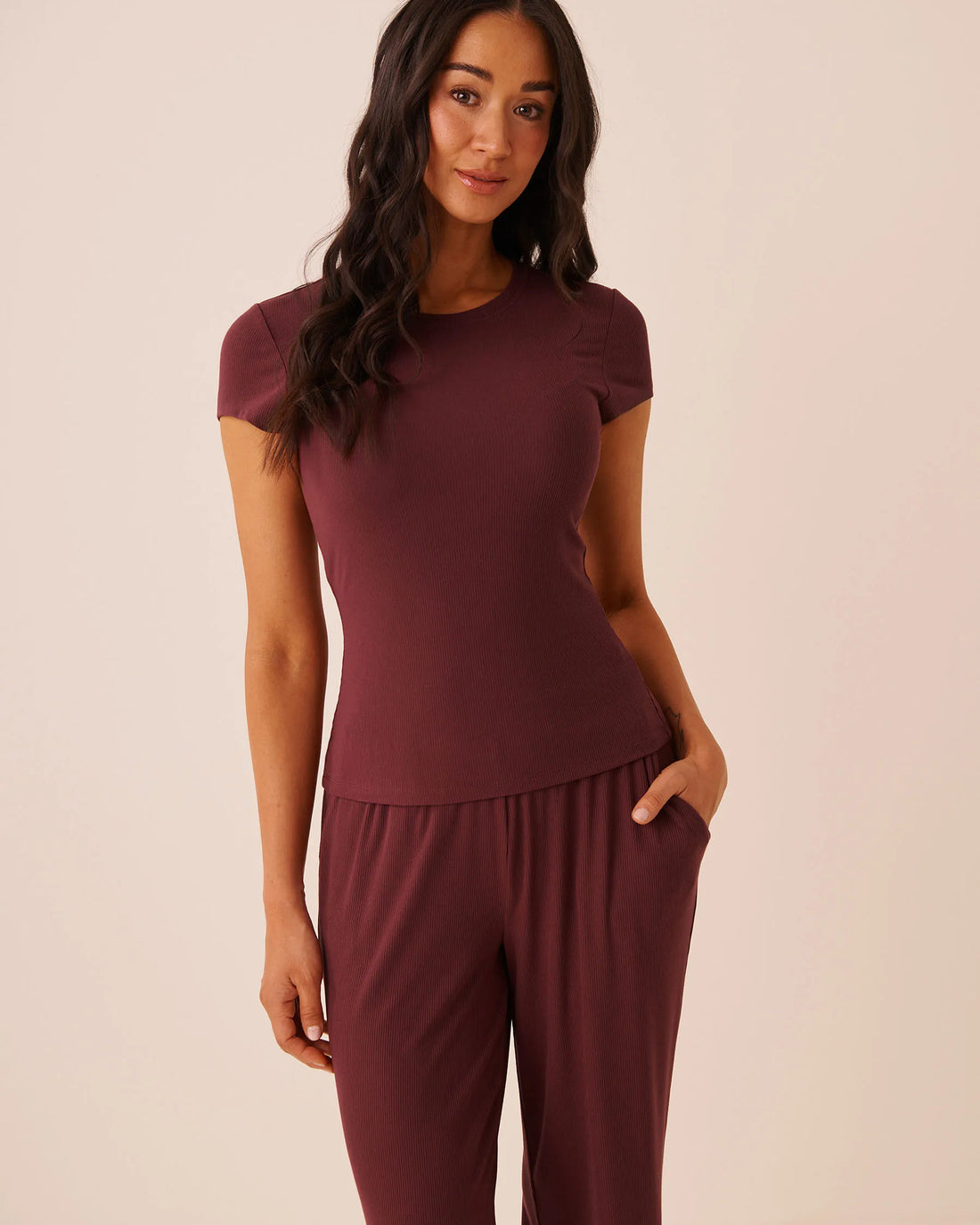La Vie en Rose Burgundy Women Ribbed Modal Short Sleeve T-Shirt SKU: 50100141_50062 Image 01