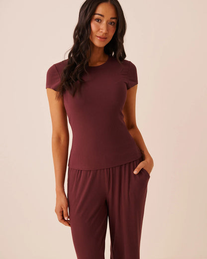 La Vie en Rose Burgundy Women Ribbed Modal Short Sleeve T-Shirt SKU: 50100141_50062 Image 01