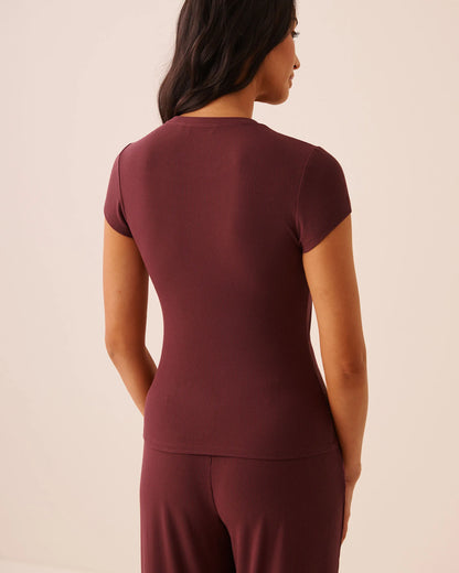 La Vie en Rose Burgundy Women Ribbed Modal Short Sleeve T-Shirt SKU: 50100141_50062 Image 02
