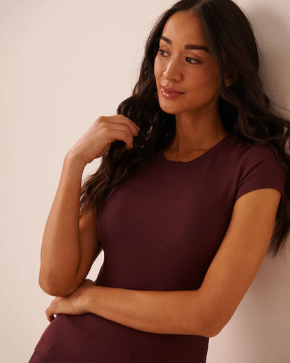 La Vie en Rose Burgundy Women Ribbed Modal Short Sleeve T-Shirt SKU: 50100141_50062 Image 03