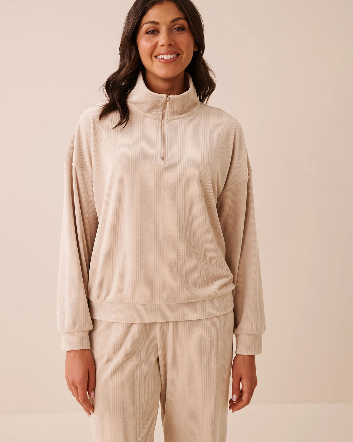 La Vie en Rose Mushroom Women Ribbed Velour Half-Zip Sweatshirt SKU: 50100144_20011 Image 01