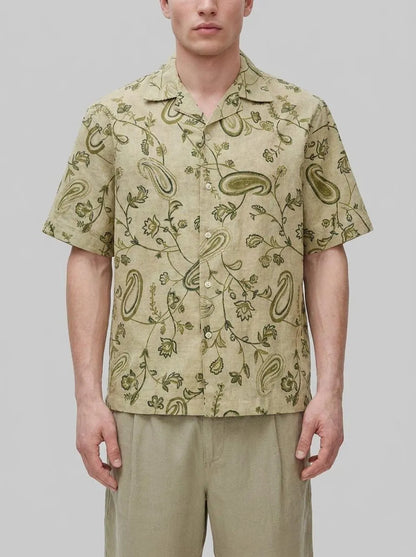 Benetton Light Green Men Printed Linen Blend Shirt SKU: 503SUQ05B_96K Image 00