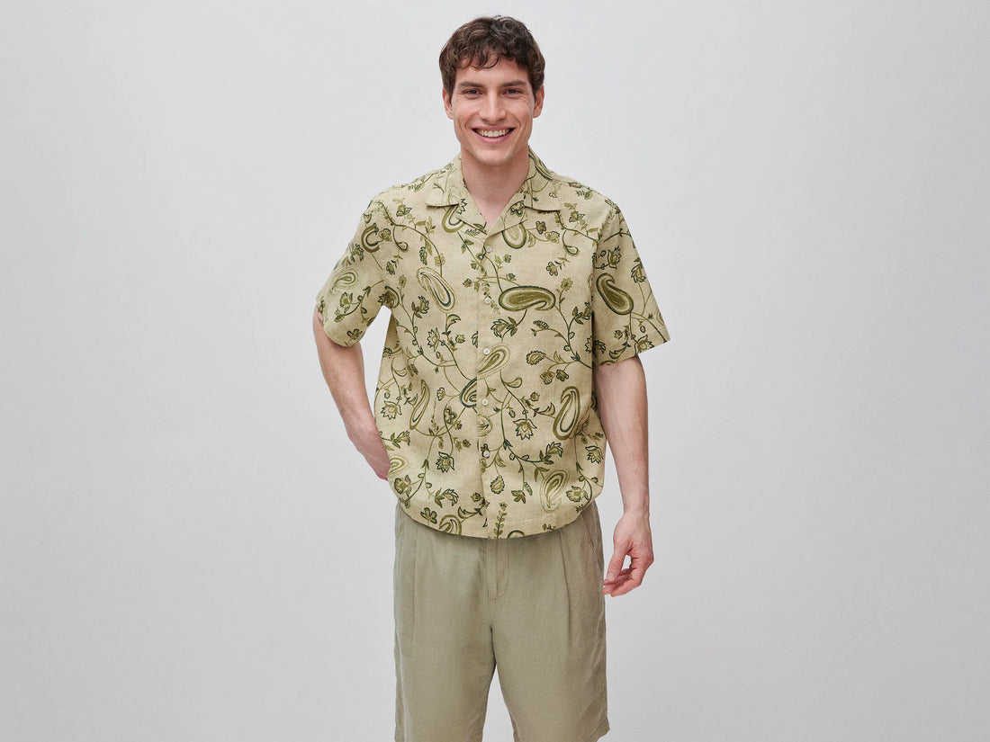 Benetton Light Green Men Printed Linen Blend Shirt SKU: 503SUQ05B_96K Image 01