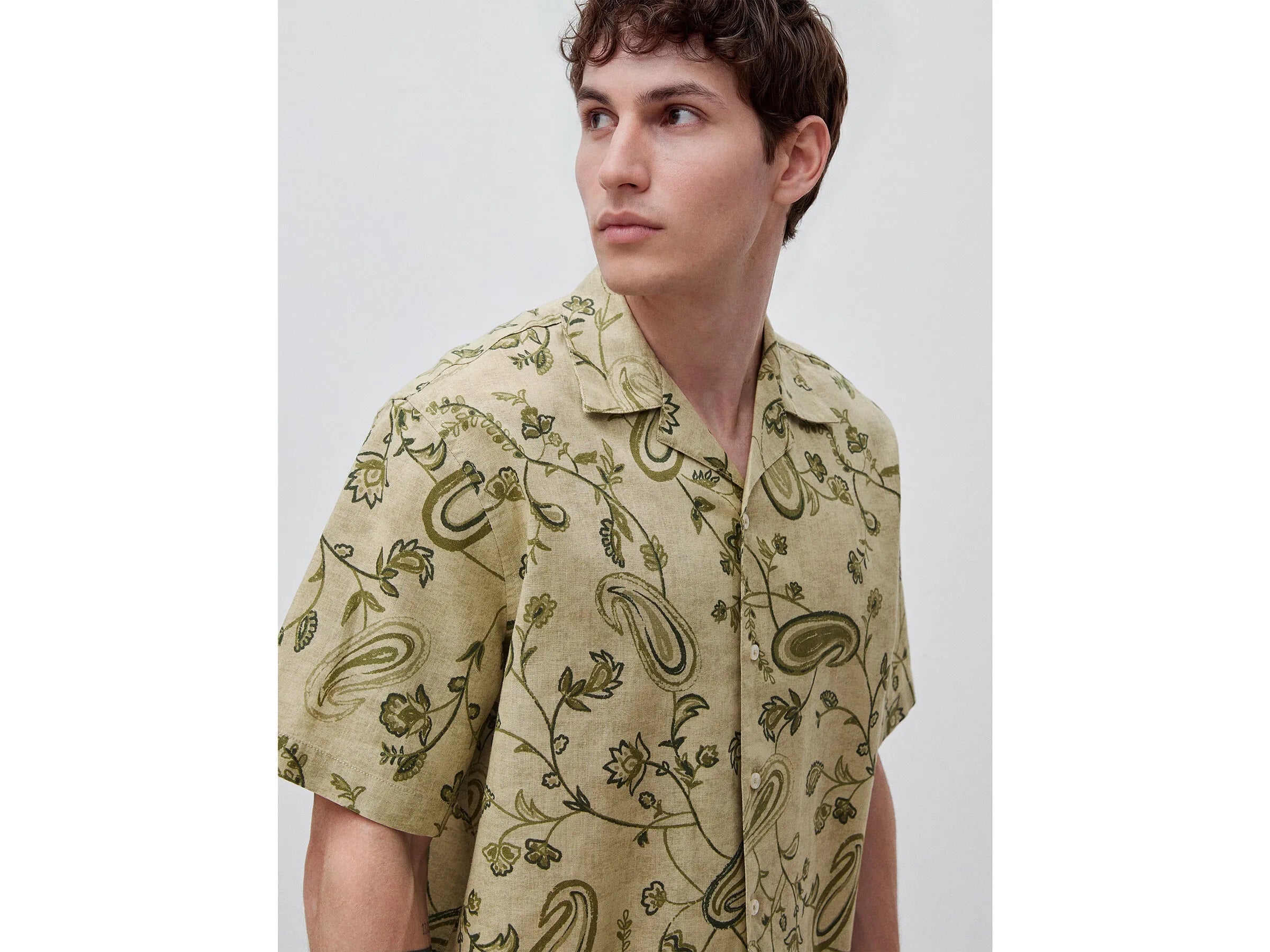 Benetton Light Green Men Printed Linen Blend Shirt SKU: 503SUQ05B_96K Image 04