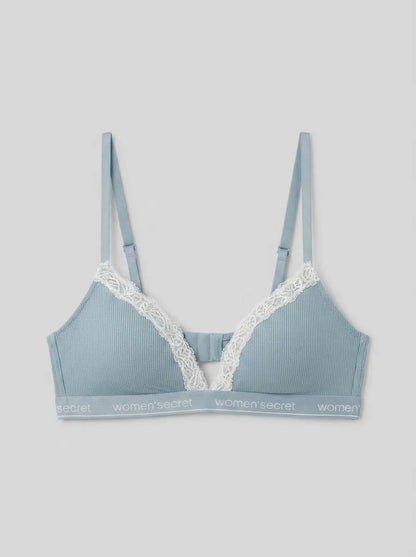 Women Secret Medium Blue Women CHARMING Green Ribbed Cotton Triangle Bra in Different Cup Sizes SKU: 5053883_15 Image 00