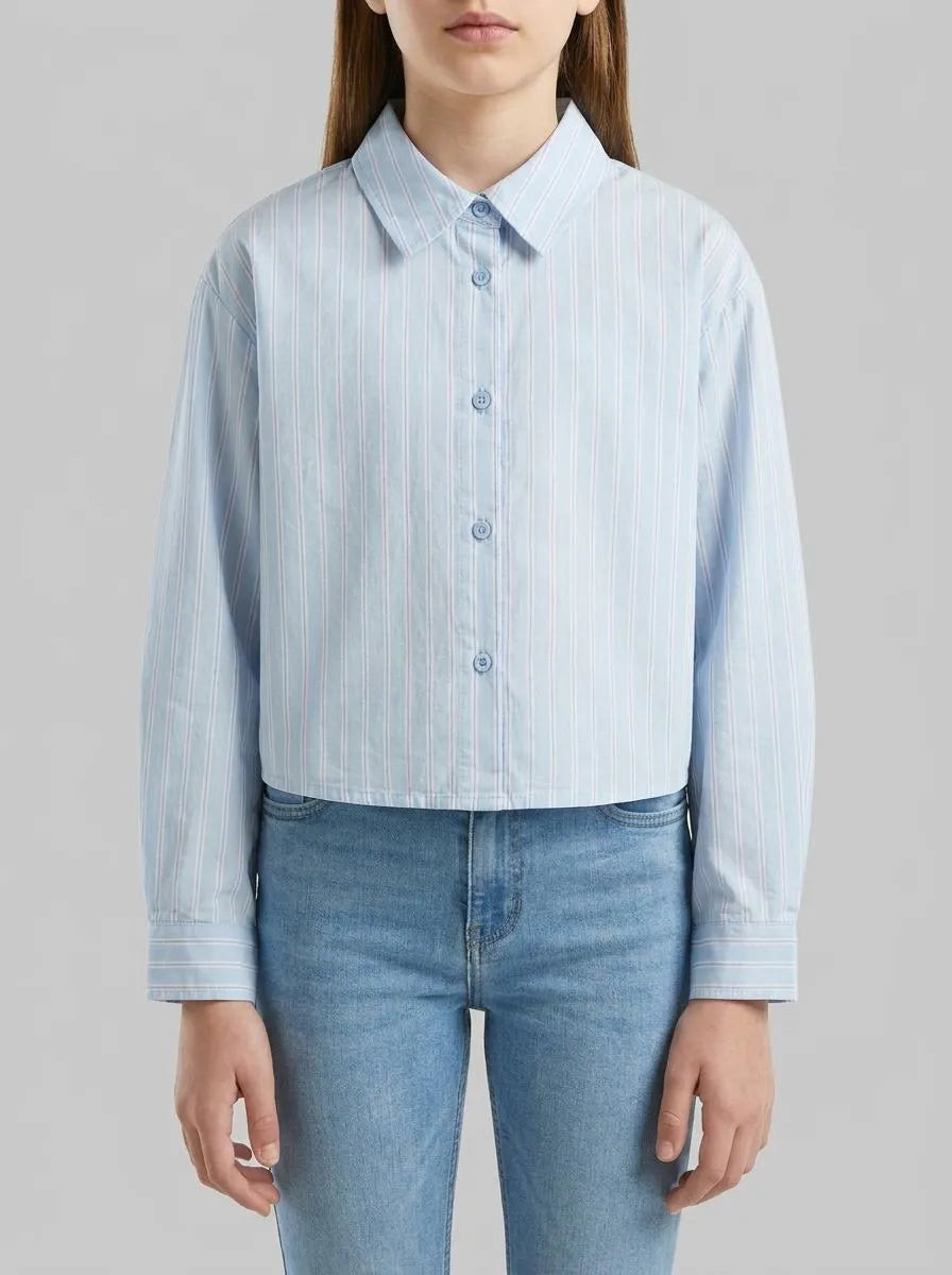 Benetton Light Blue Girls Striped Boxy Fit Shirt SKU: 50N7CQ04N_903 Image 00