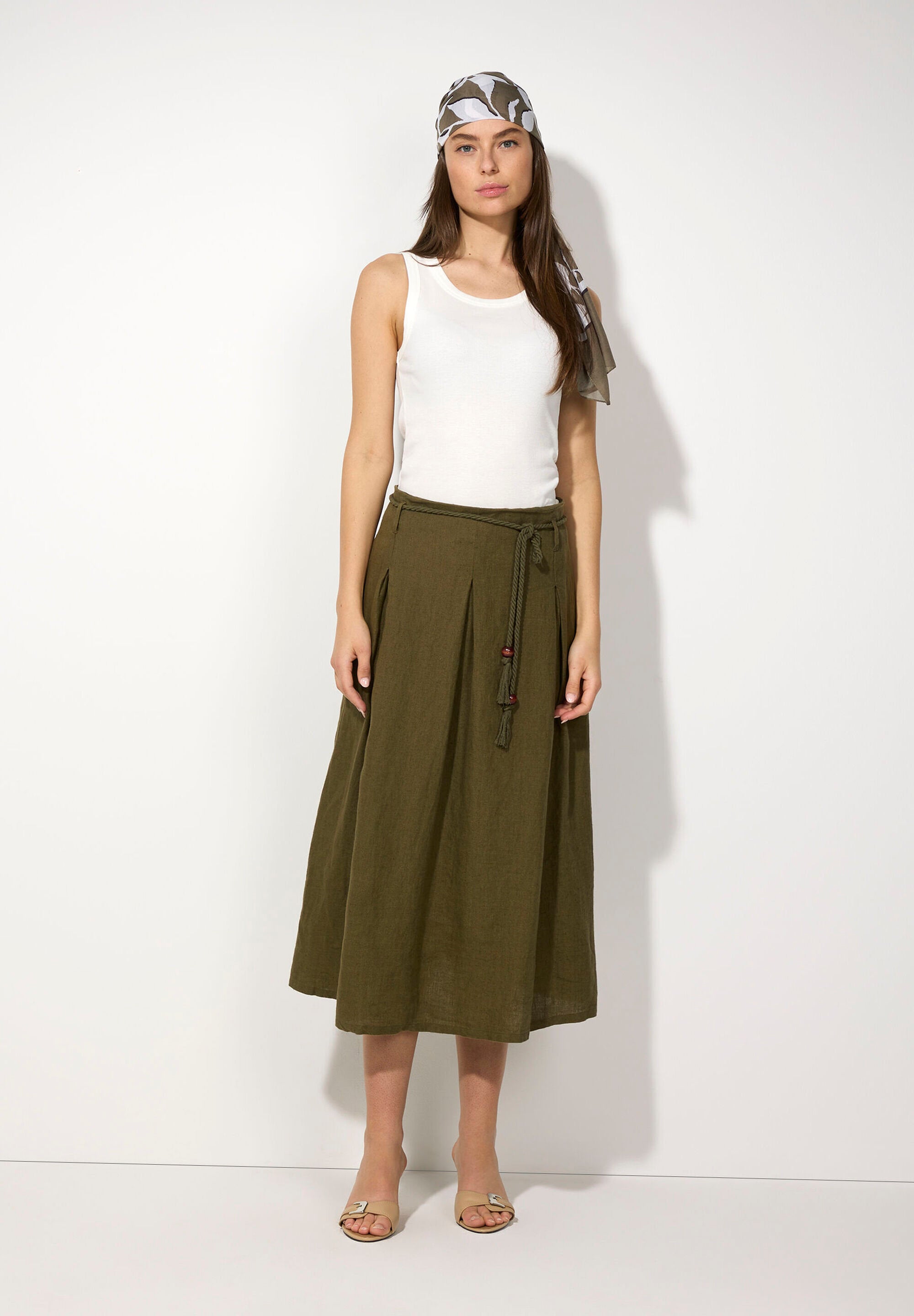 More &amp; More_Tundra Olive Linen Skirt with Cord_51055000_0679_02