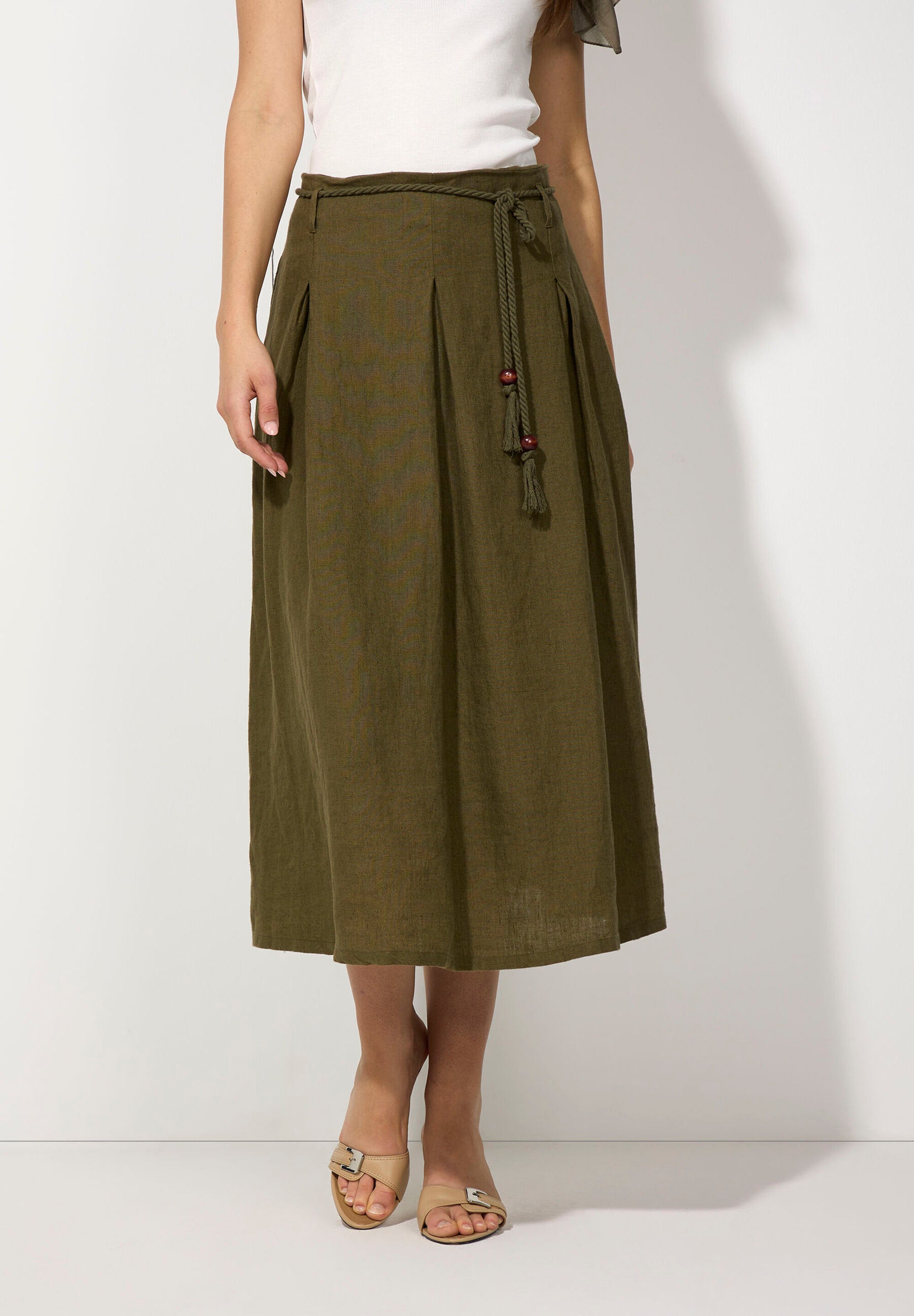 More &amp; More_Tundra Olive Linen Skirt with Cord_51055000_0679_03