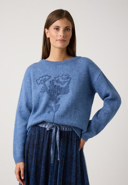 More &amp; More_Blue Cloud Melange_Pullover with Flower-Embroidery_51081050_0333_01