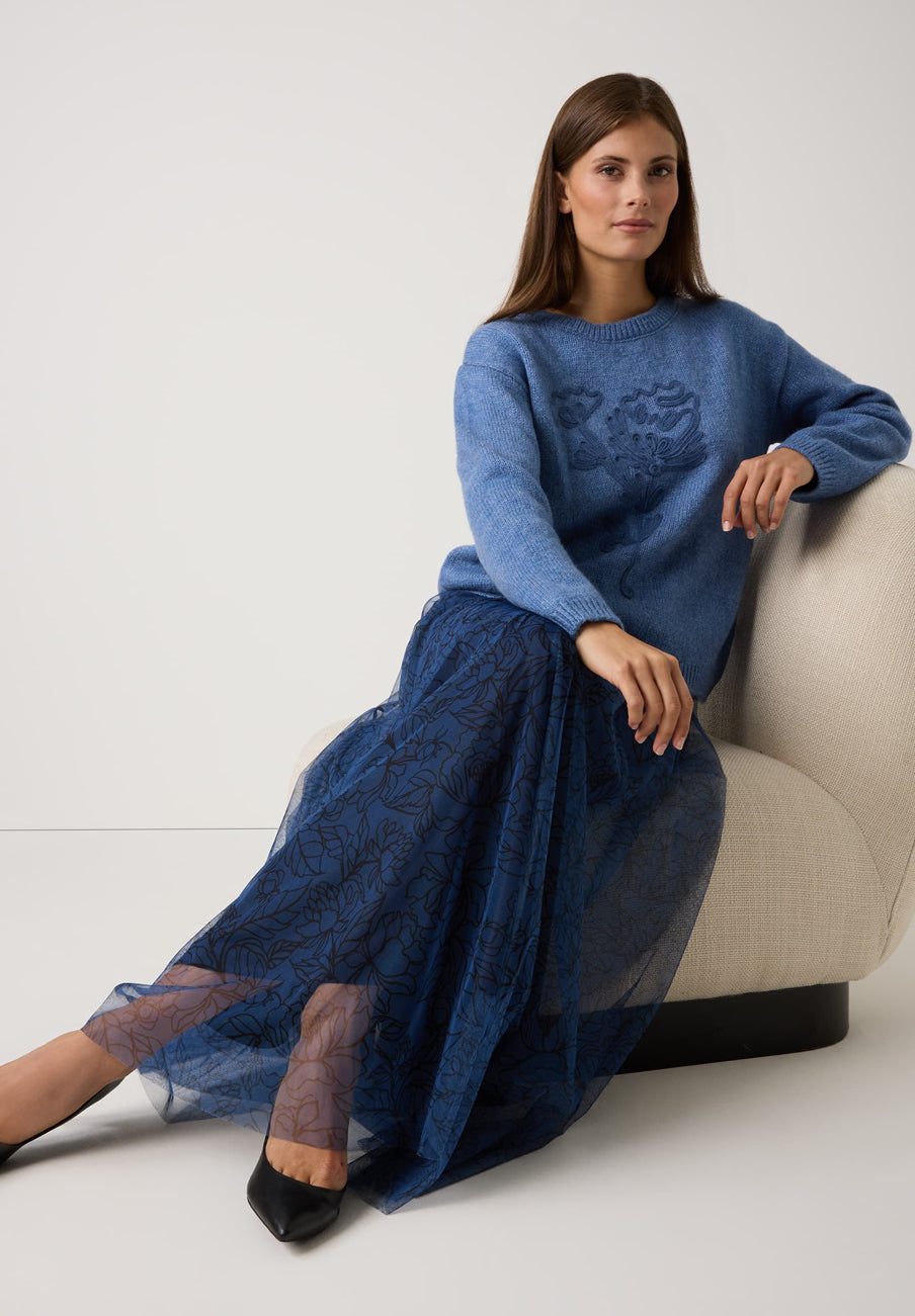 More &amp; More_Blue Cloud Melange_Pullover with Flower-Embroidery_51081050_0333_03