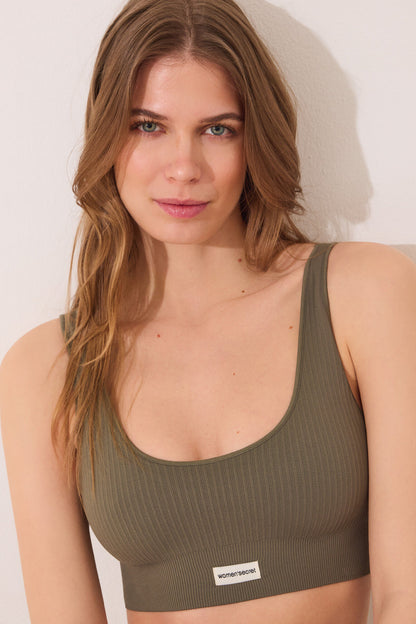 Women Secret_Seamless Khaki Ribbed Top_5109010_91_02