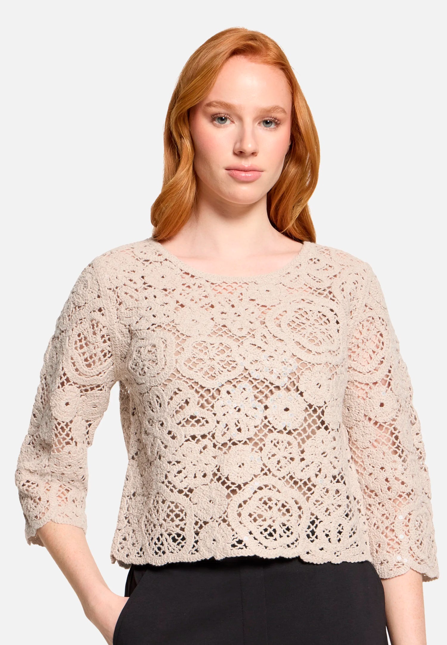 Betty Barclay Light Beige Women Open-Knit Sweater with Boat Neck SKU: 5437-1912_9106 Image 06