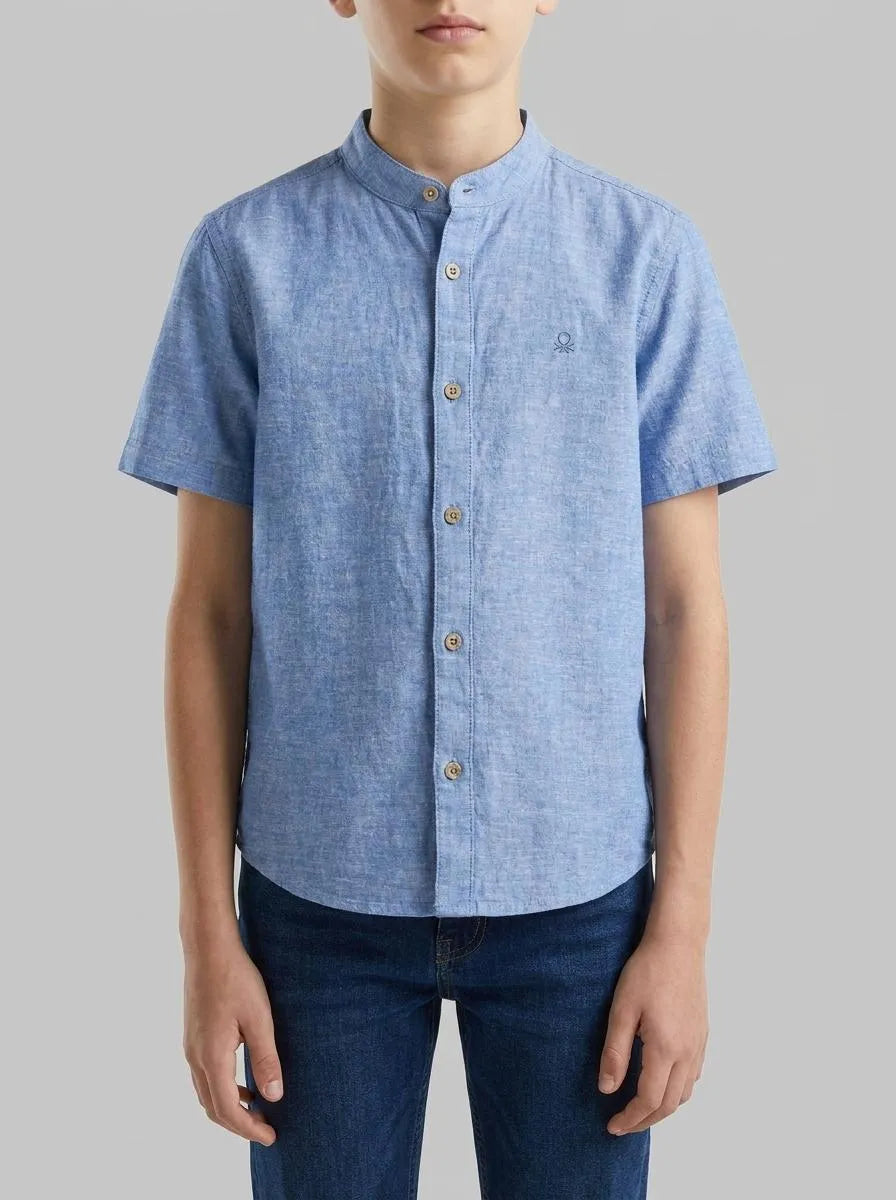 Benetton Light Blue Boys Short-Sleeved Linen Blend Shirt SKU: 55WQCQ04U_901 Image 00