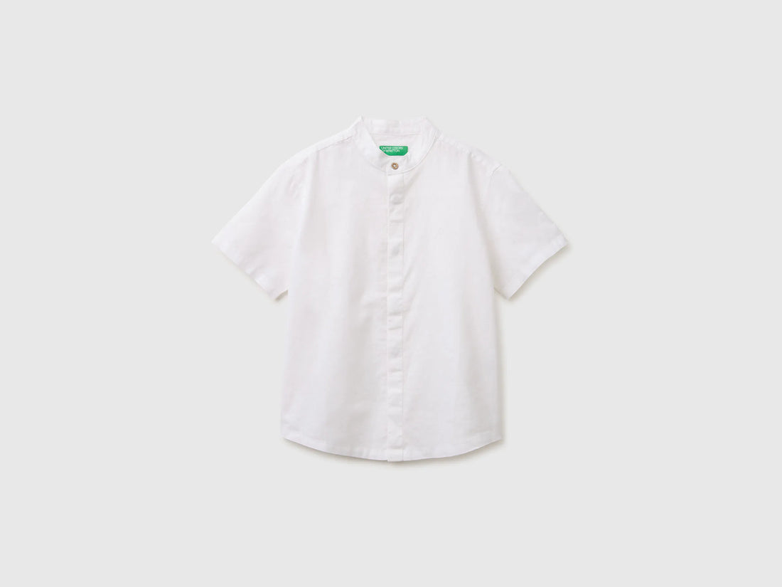 Benetton White Boys Short-Sleeved Linen Blend Shirt SKU: 55WQCQ04U_909 Image 01