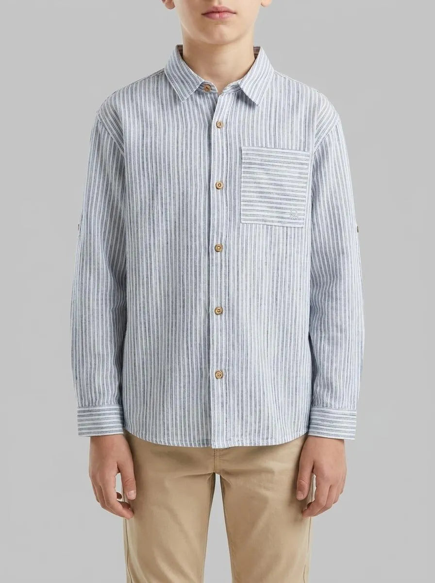 Benetton Light Blue Boys Striped Linen Blend Shirt SKU: 58DNCQ04W_902 Image 00