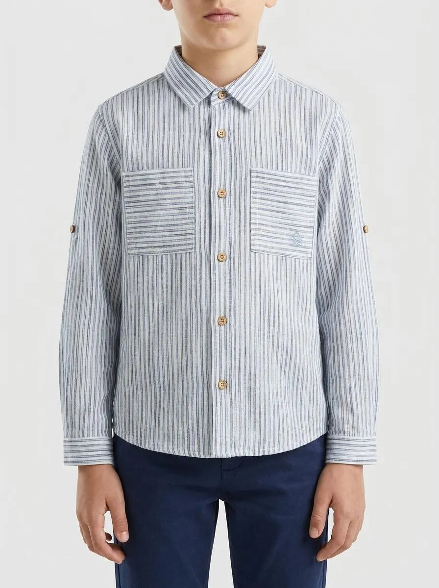 Benetton Light Blue Boys Striped Linen Blend Shirt SKU: 58DNGQ036_902 Image 00