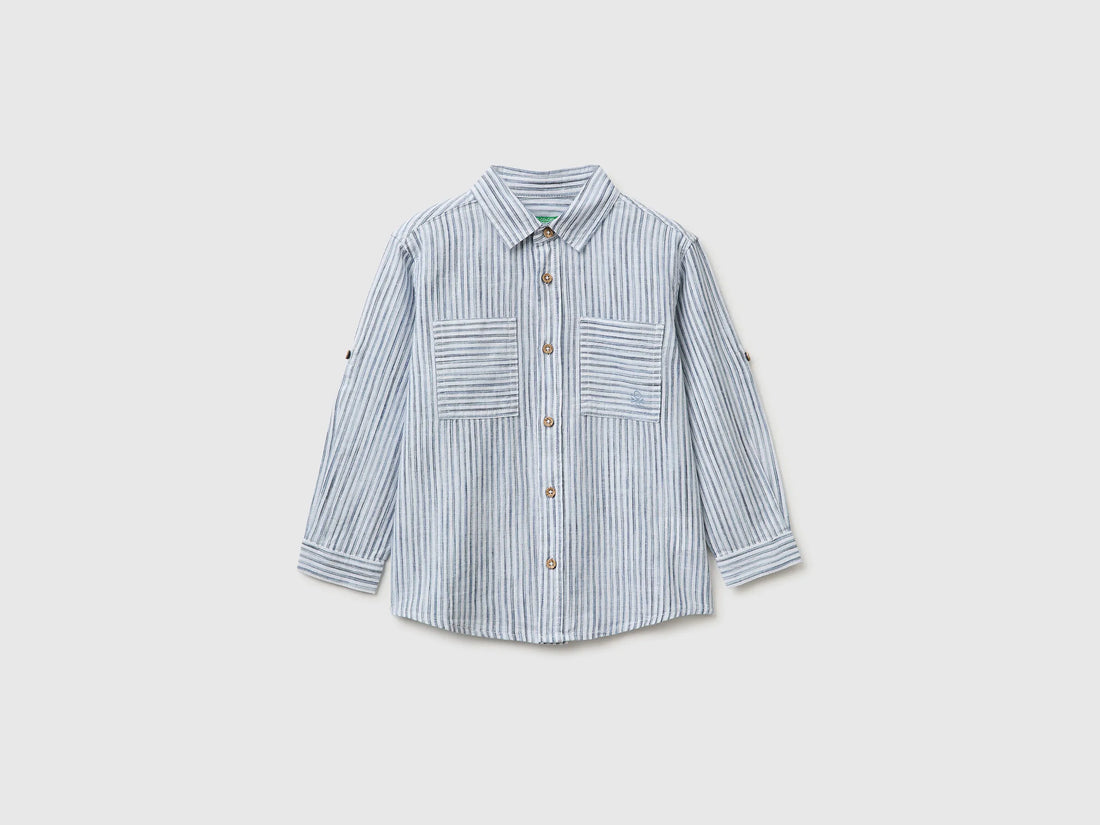 Benetton Light Blue Boys Striped Linen Blend Shirt SKU: 58DNGQ036_902 Image 01