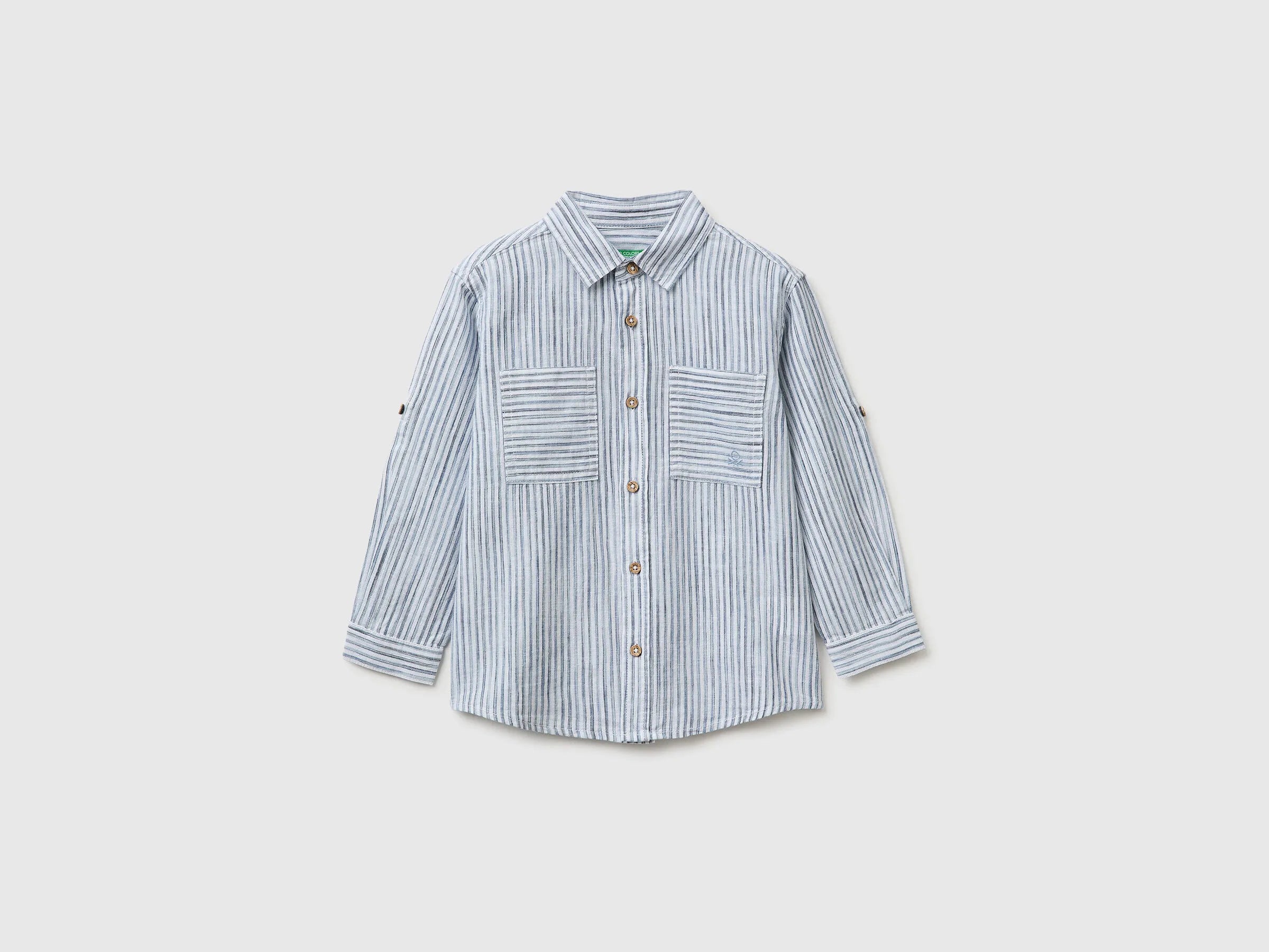Benetton Light Blue Boys Striped Linen Blend Shirt SKU: 58DNGQ036_902 Image 01