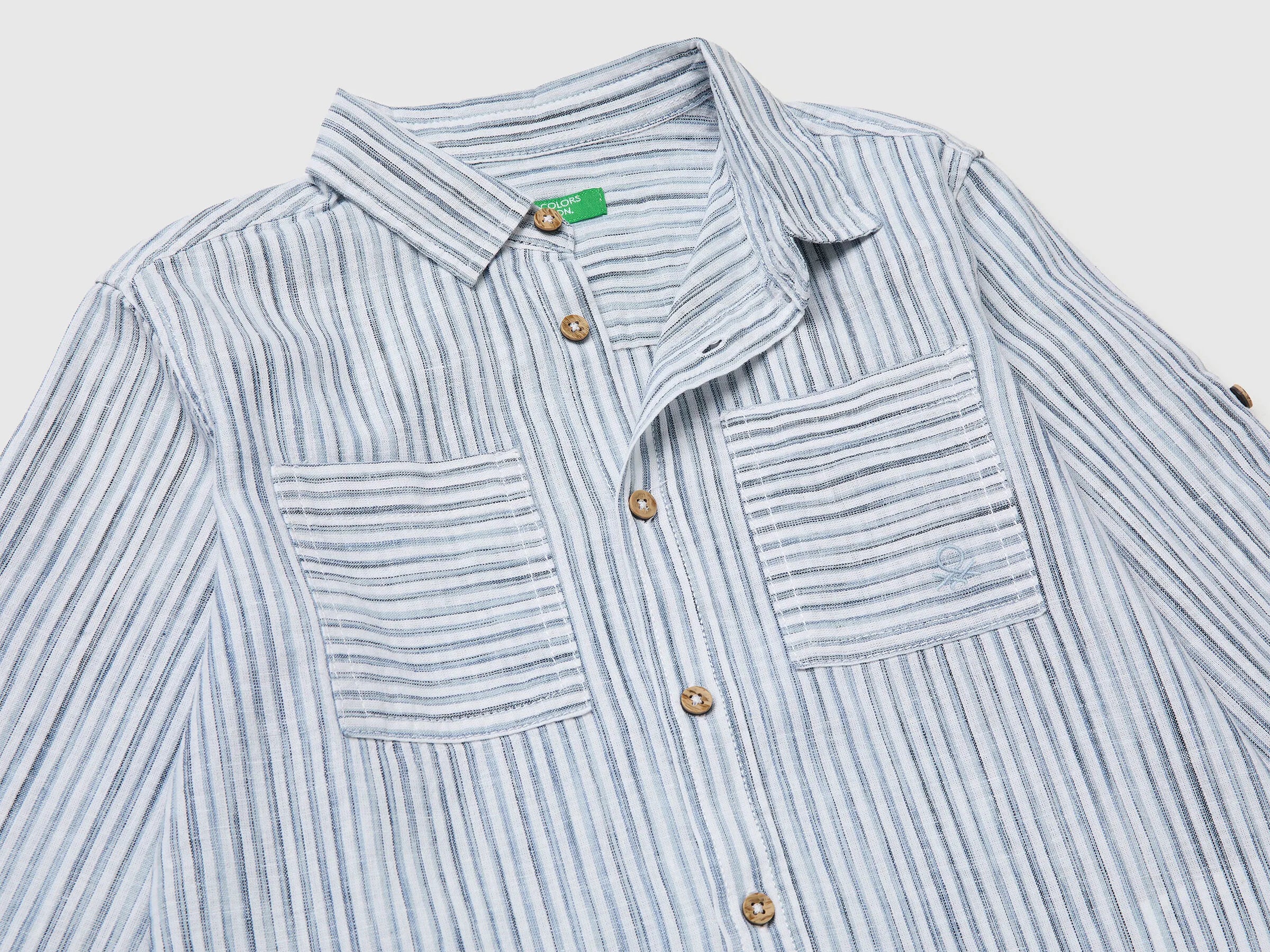 Benetton Light Blue Boys Striped Linen Blend Shirt SKU: 58DNGQ036_902 Image 03