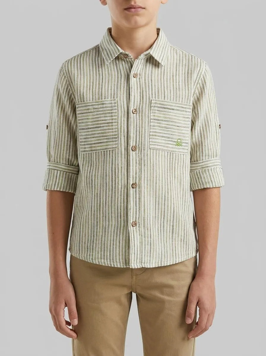 Benetton Lime Boys Striped Linen Blend Shirt SKU: 58DNGQ036_903 Image 00