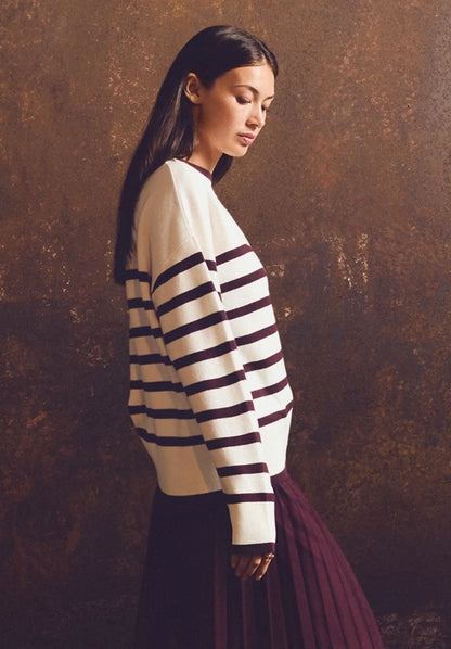 Betty Barclay_Cream/Dark Red_Knitted Sweater with Stripes_5934-3218_1847_01