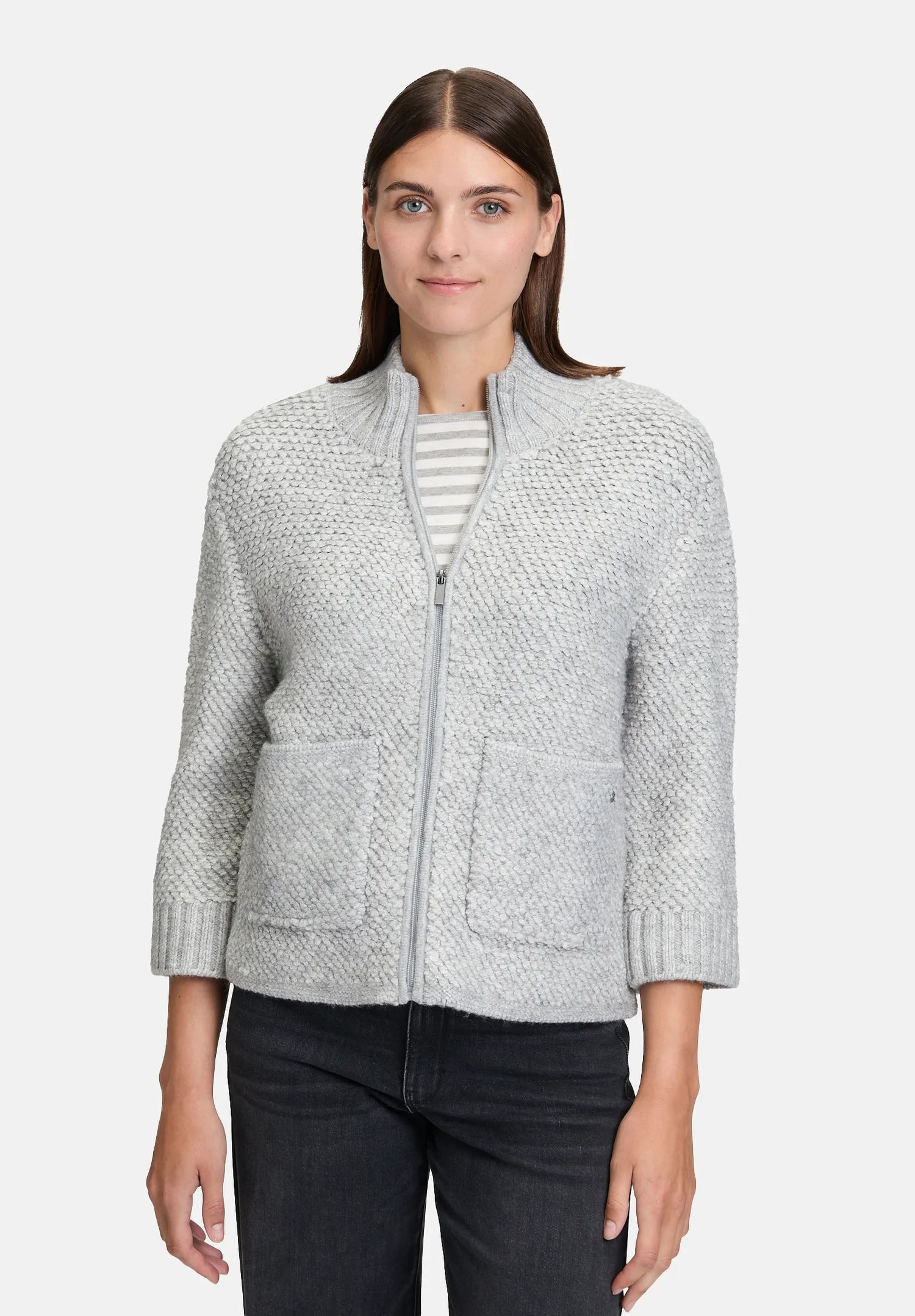 Betty Barclay_Light Silver Melange_Knitted Cardigan with Zip_5939-3242_9708_02