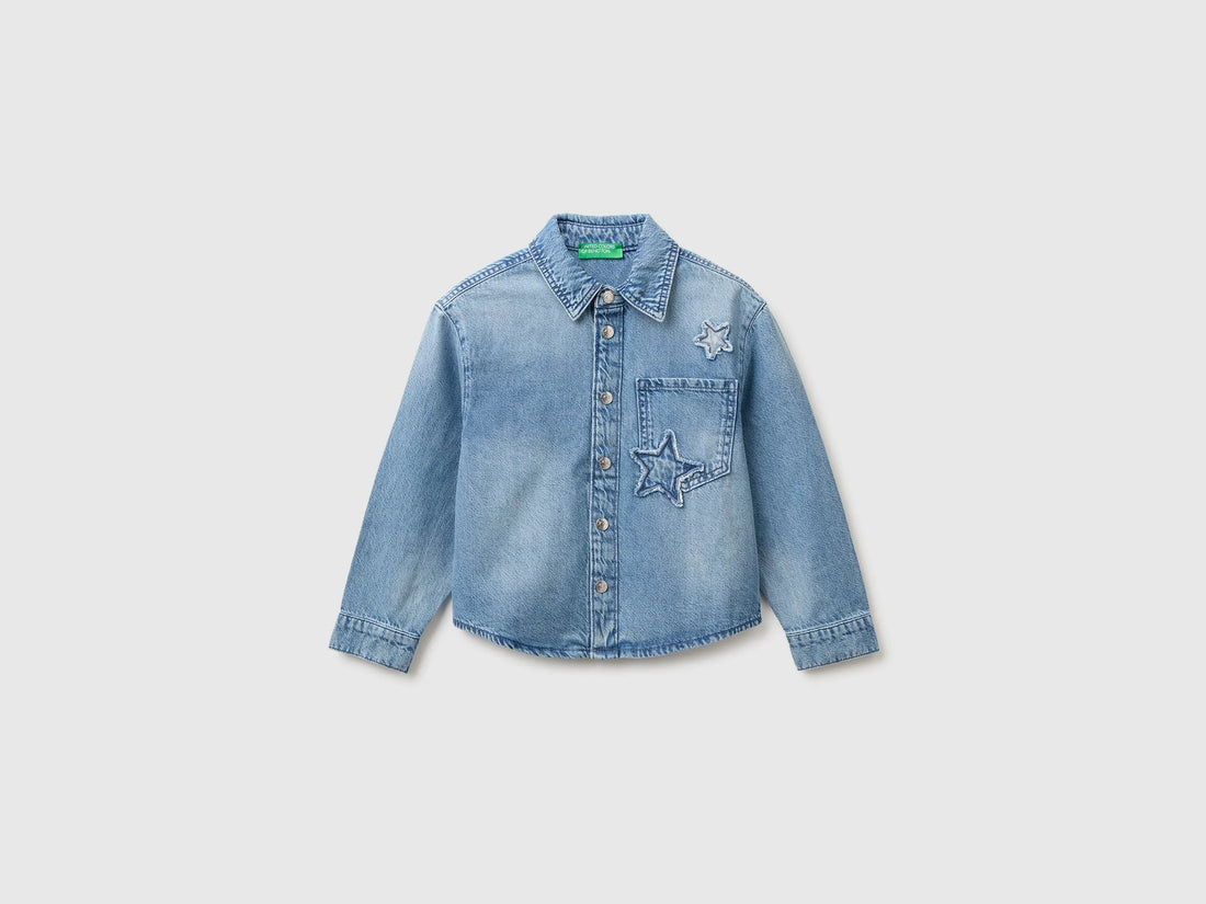 Benetton Light Blue Girls Denim Shirt with Stars SKU: 59K4CQ04Q_902 Image 01