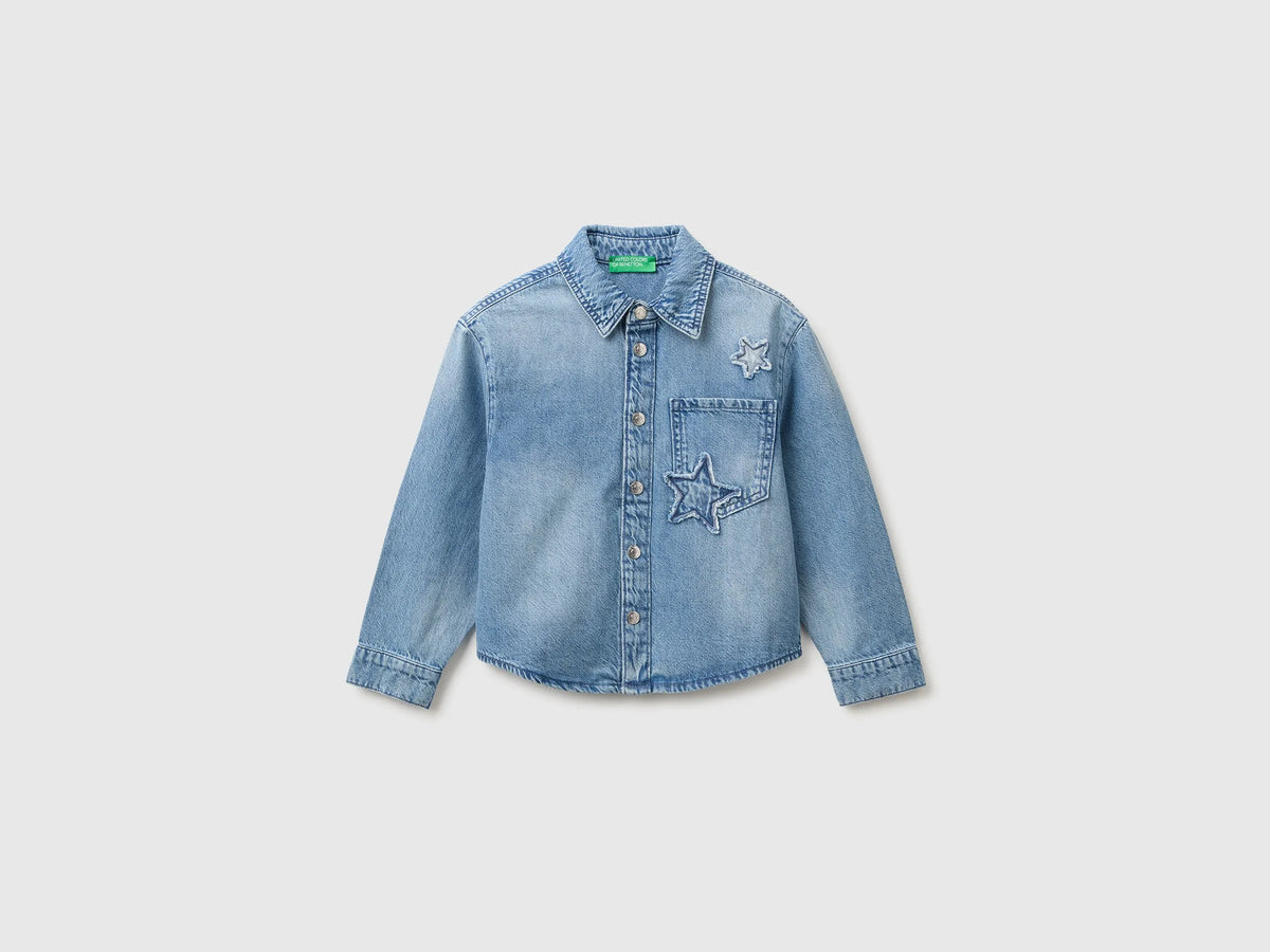 Benetton Light Blue Girls Denim Shirt with Stars SKU: 59K4CQ04Q_902 Image 01