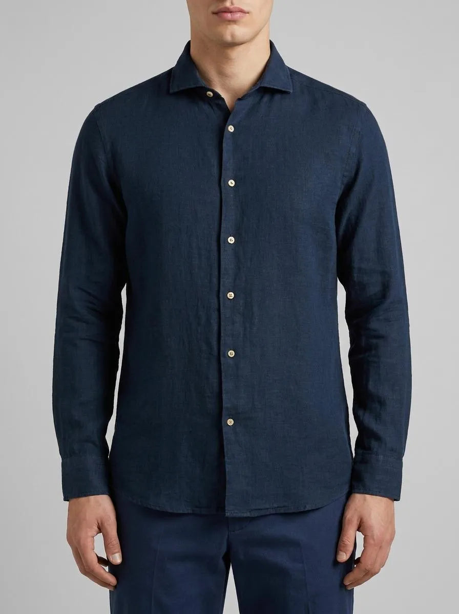 Benetton Dark Blue Men Shirt in Pure Linen SKU: 5BKUUQ04Q_904 Image 00