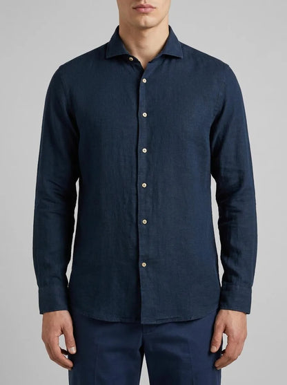 Benetton Dark Blue Men Shirt in Pure Linen SKU: 5BKUUQ04Q_904 Image 00