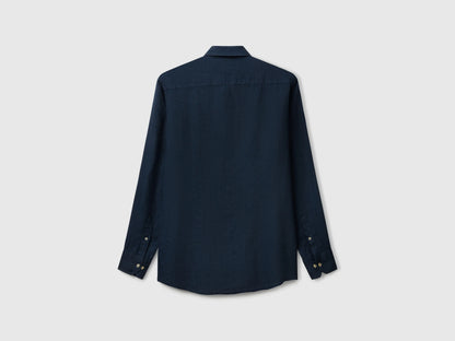 Benetton Dark Blue Men Shirt in Pure Linen SKU: 5BKUUQ04Q_904 Image 02