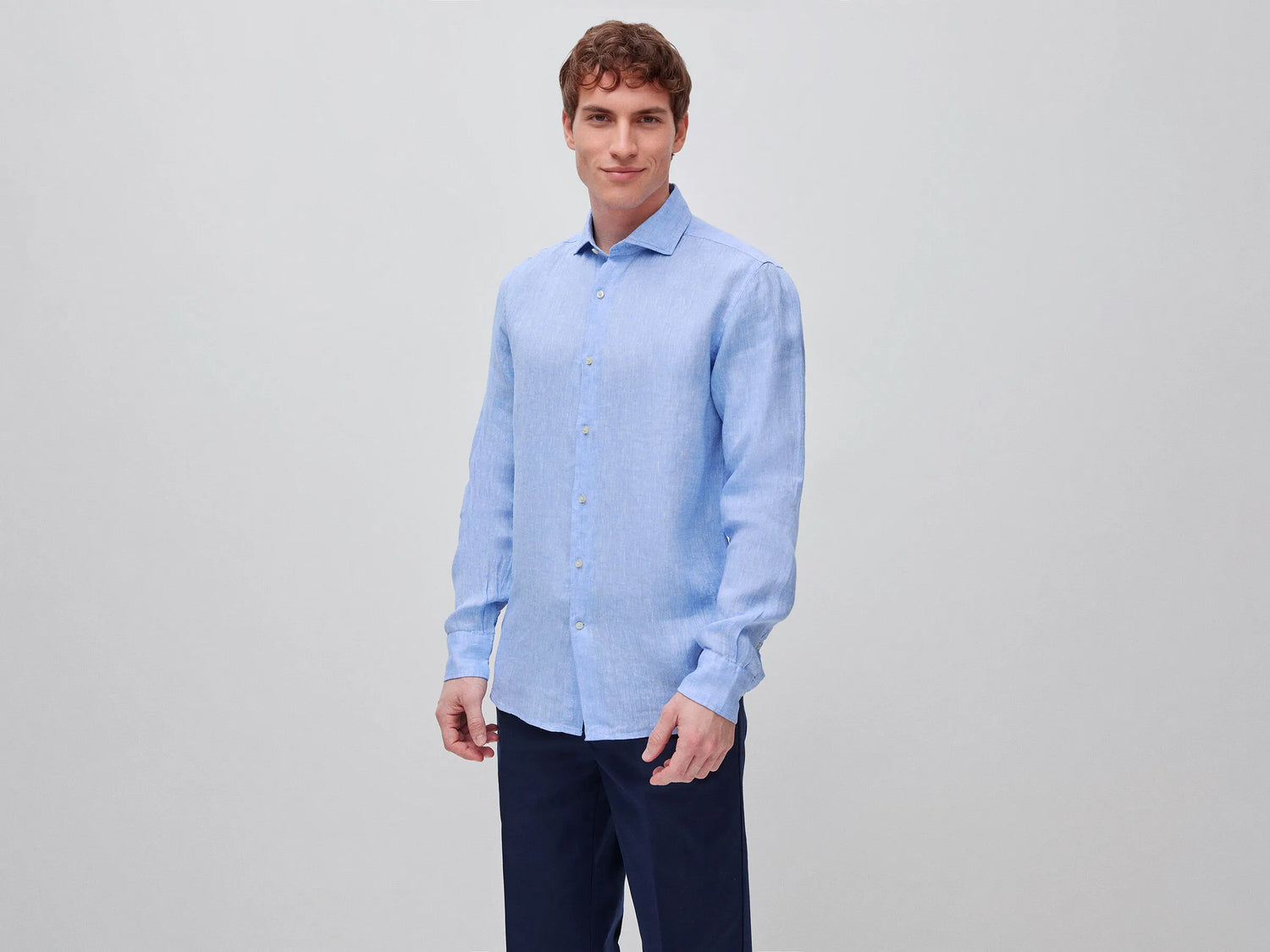 Benetton Light Blue Men Shirt in Pure Linen SKU: 5BKUUQ04Q_907 Image 01