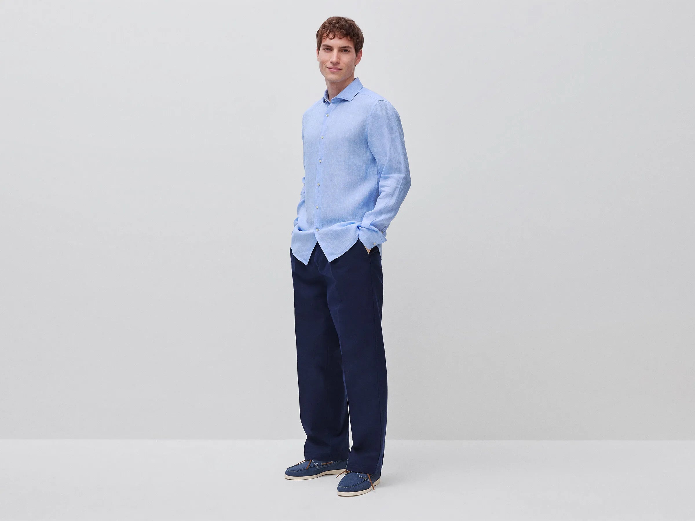 Benetton Light Blue Men Shirt in Pure Linen SKU: 5BKUUQ04Q_907 Image 03