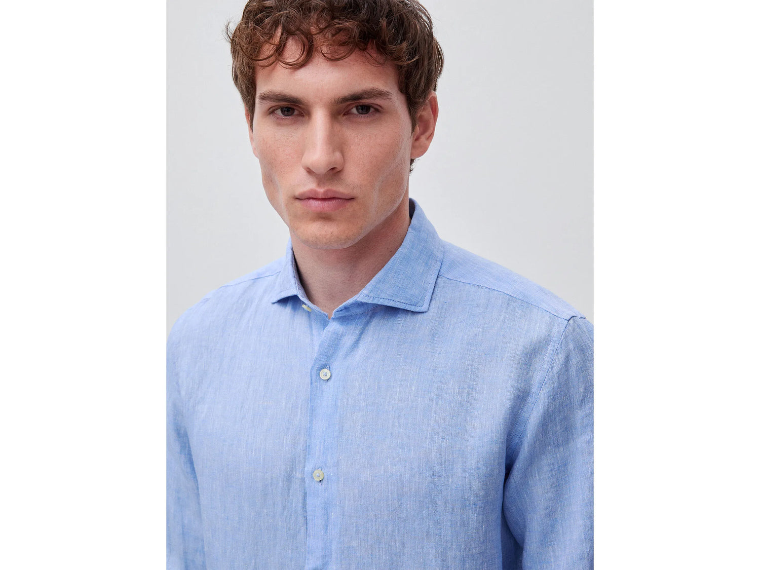 Benetton Light Blue Men Shirt in Pure Linen SKU: 5BKUUQ04Q_907 Image 04