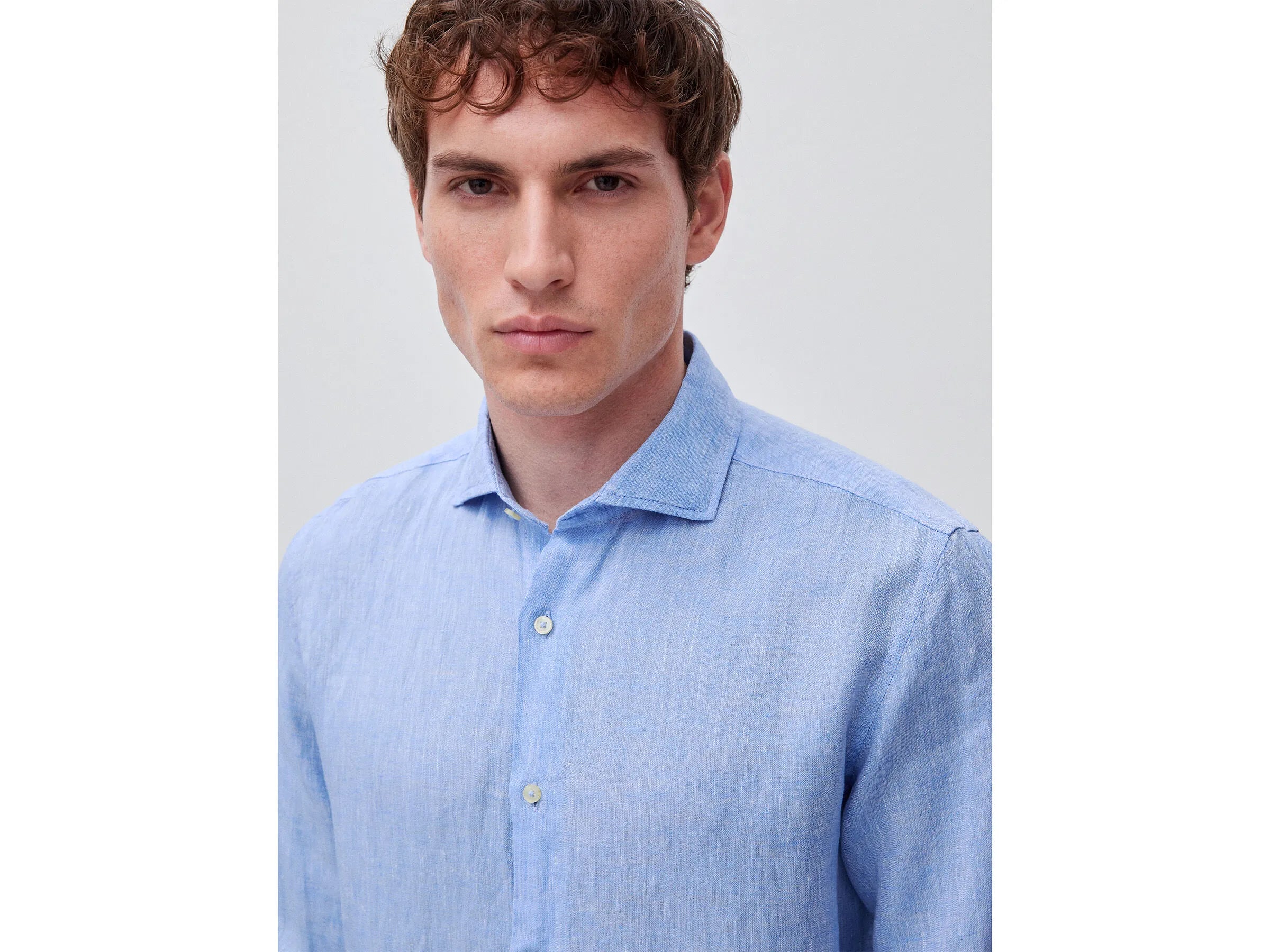 Benetton Light Blue Men Shirt in Pure Linen SKU: 5BKUUQ04Q_907 Image 04