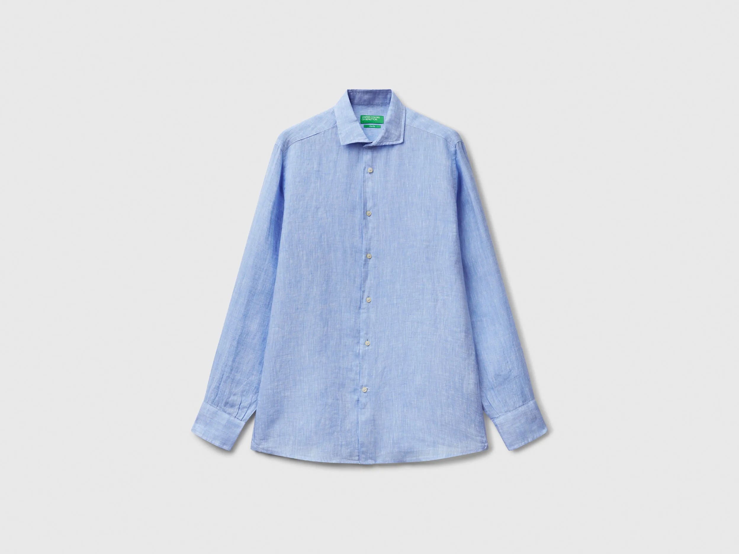 Benetton Light Blue Men Shirt in Pure Linen SKU: 5BKUUQ04Q_907 Image 05