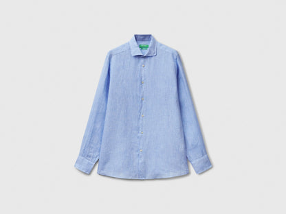 Benetton Light Blue Men Shirt in Pure Linen SKU: 5BKUUQ04Q_907 Image 05