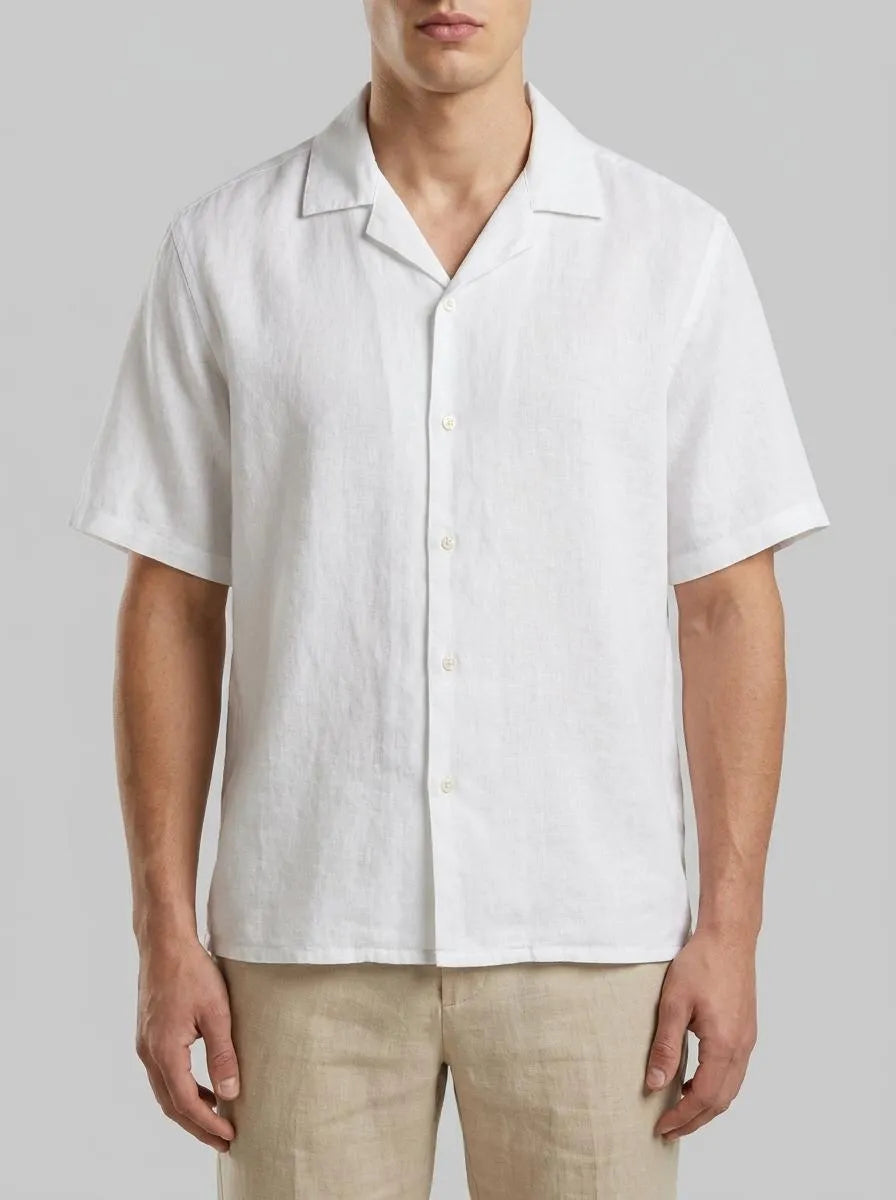 Benetton White Men 100% Linen Short-Sleeved Shirt SKU: 5BKUUQ06S_101 Image 00