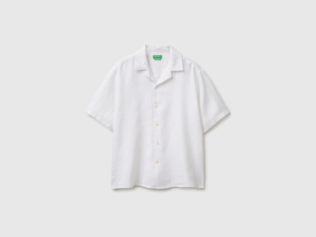 Benetton White Men 100% Linen Short-Sleeved Shirt SKU: 5BKUUQ06S_101 Image 01