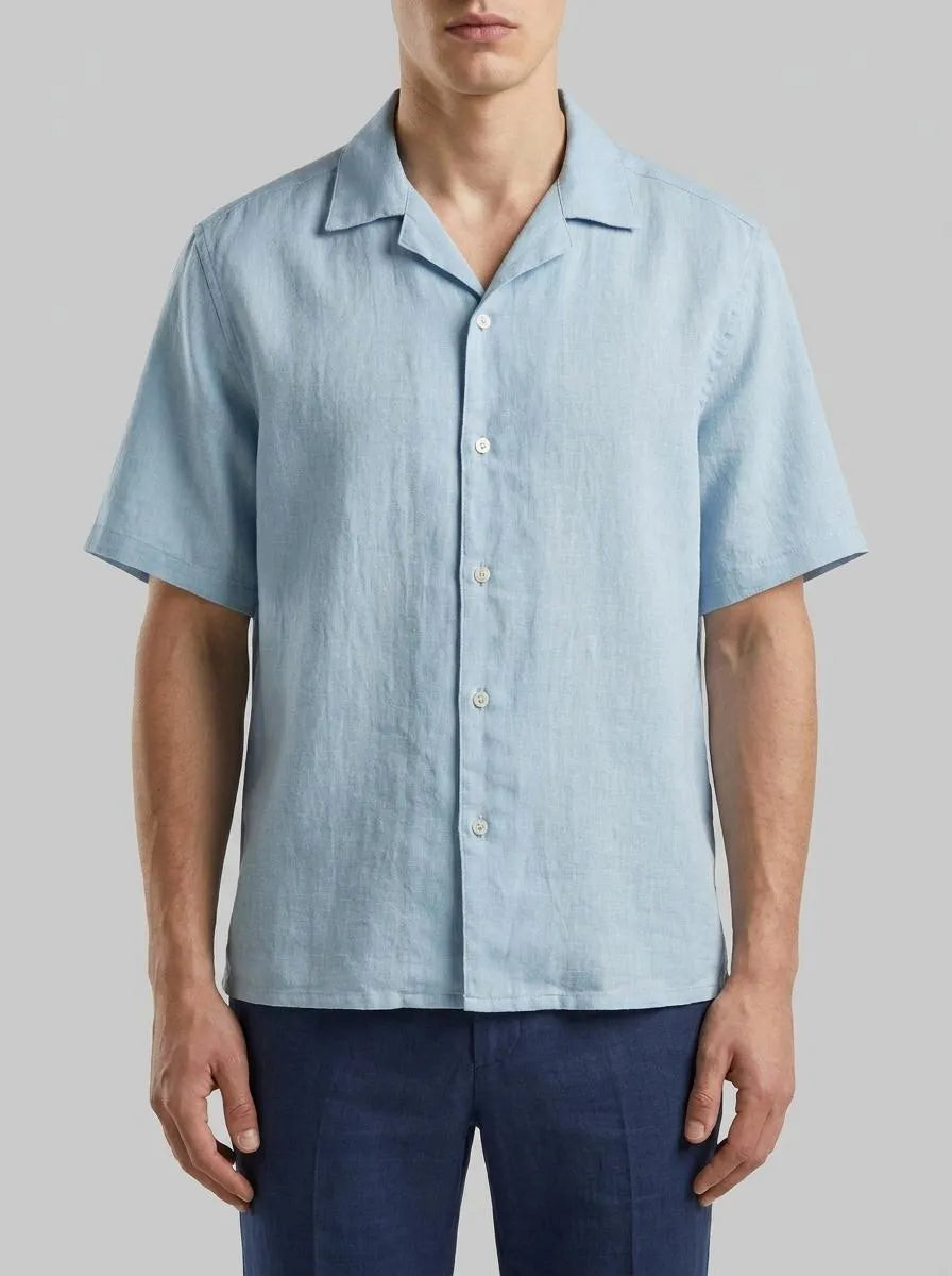 Benetton Sky Blue Men 100% Linen Short-Sleeved Shirt SKU: 5BKUUQ06S_72C Image 00