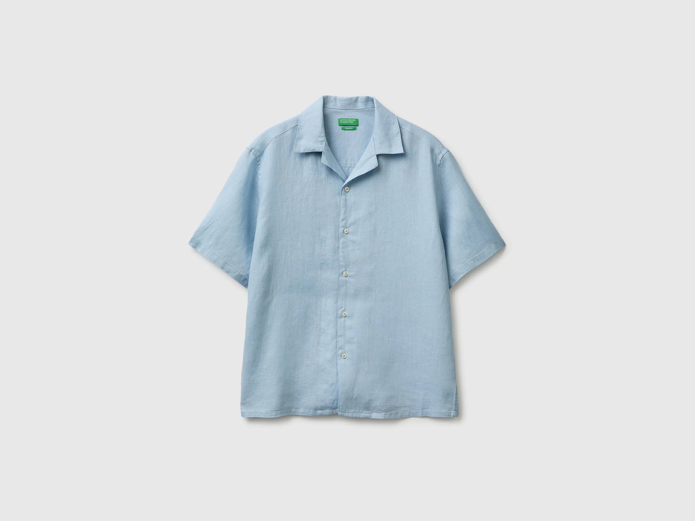 Benetton Sky Blue Men 100% Linen Short-Sleeved Shirt SKU: 5BKUUQ06S_72C Image 02