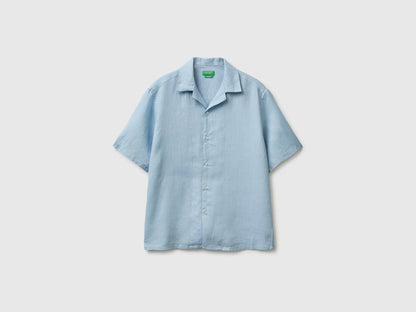Benetton Sky Blue Men 100% Linen Short-Sleeved Shirt SKU: 5BKUUQ06S_72C Image 02