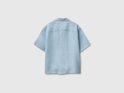 Benetton Sky Blue Men 100% Linen Short-Sleeved Shirt SKU: 5BKUUQ06S_72C Image 03