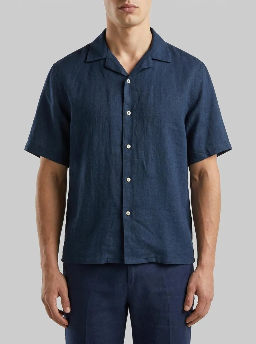 Benetton Dark Blue Men 100% Linen Short-Sleeved Shirt SKU: 5BKUUQ06S_904 Image 00