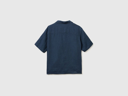Benetton Dark Blue Men 100% Linen Short-Sleeved Shirt SKU: 5BKUUQ06S_904 Image 02