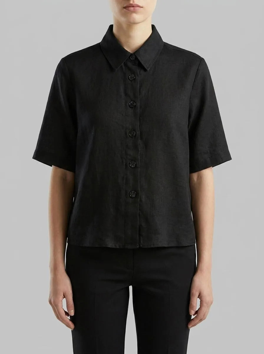 Benetton Black Women Short Shirt in Pure Linen SKU: 5BML5QB75_100 Image 00